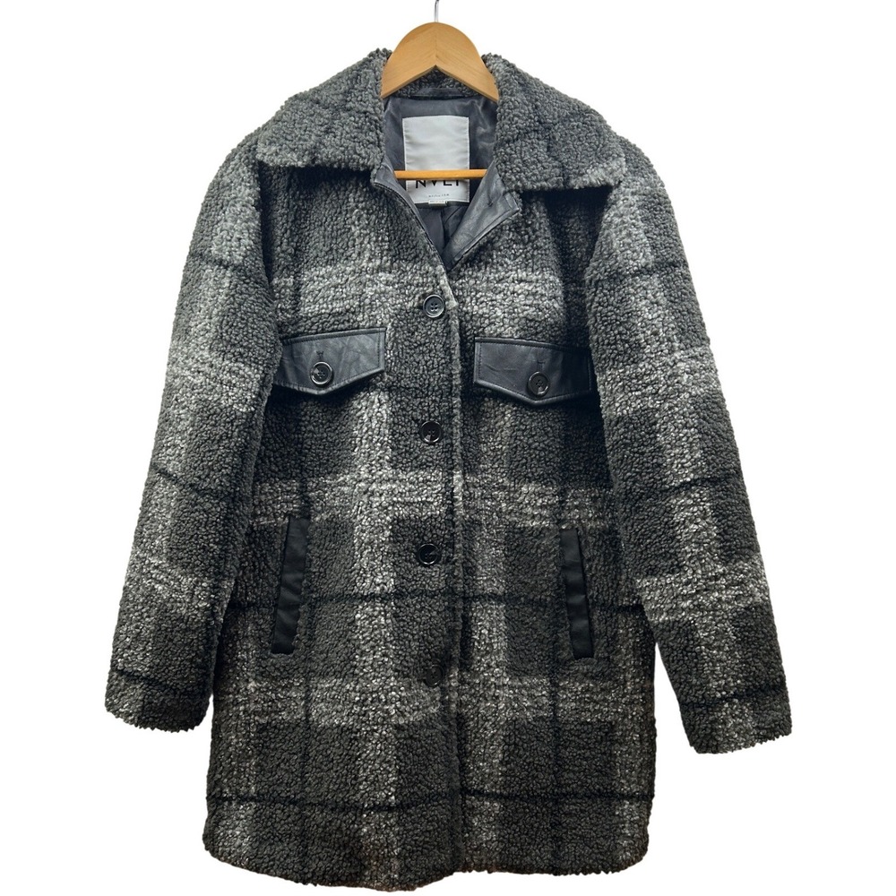 NVLT Teddy Sherpa Jacket‎ Coat Women XS Oversized Gray Plaid Cozy Urban Outdoors